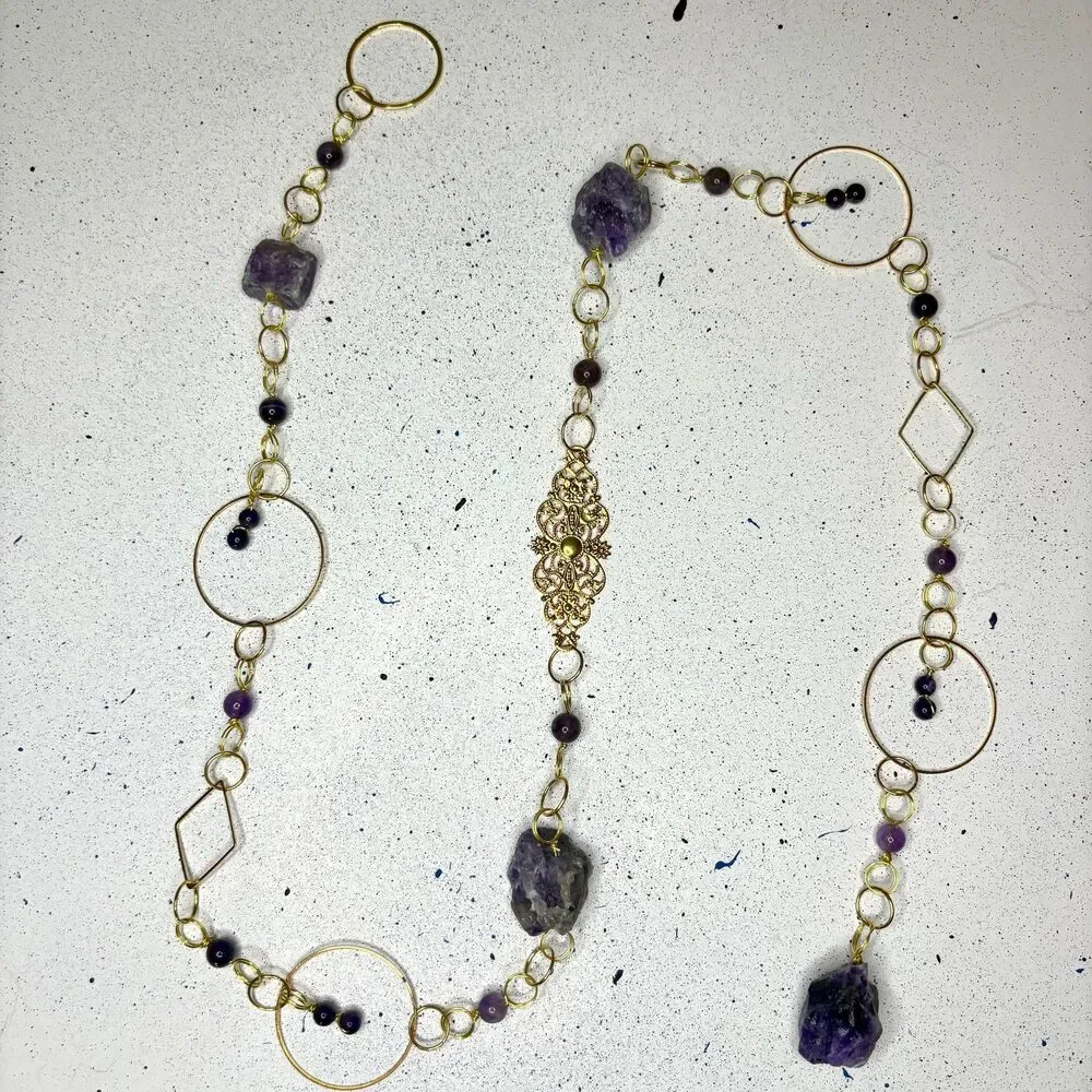 Raw Amethyst and Amethyst Bead Gemstone Wall Hanging Gold Filigree